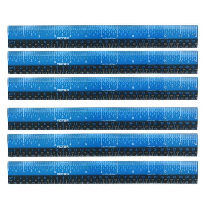 Victor Easy Read™ Ruler, Plastic, Blue/Black, 12", Pack of 6
