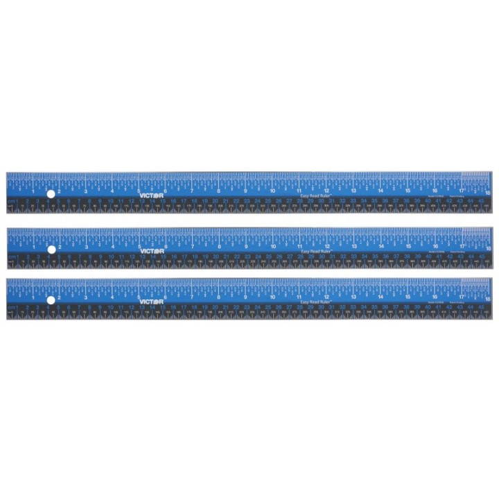 Victor Easy Read™ Ruler, Stainless Steel, Blue/Black, 18", Pack of 3