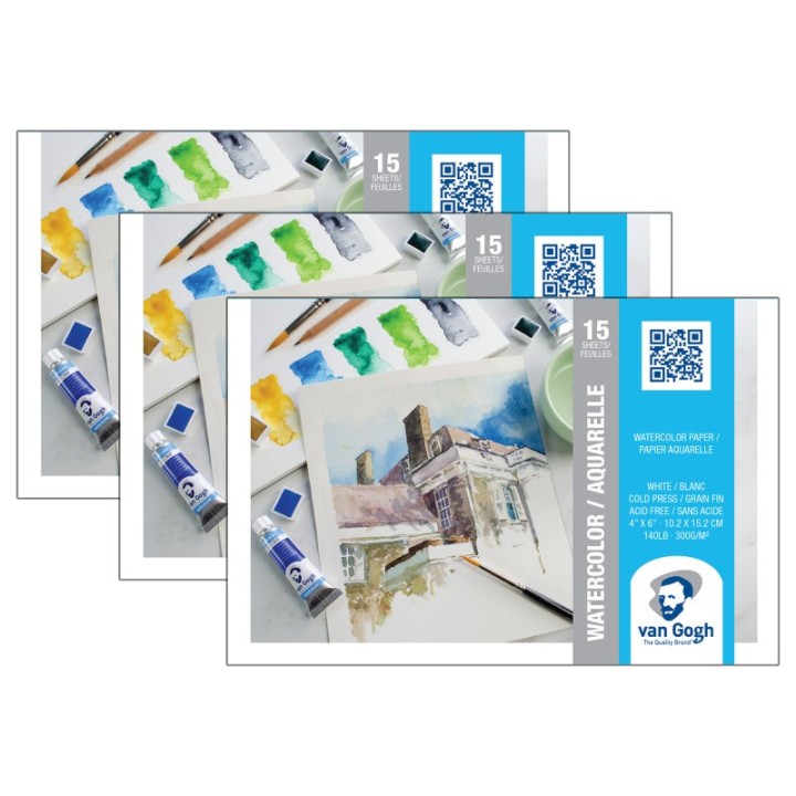Van Gogh Watercolor Paper Pad, 140lbs, Cold Press, 4" x 6", 15 Sheets, Pack of 3