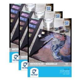 Van Gogh Watercolor Paper Pad, 140lbs, Black, Cold Press, 9" x 12", 12 Sheets, Pack of 3
