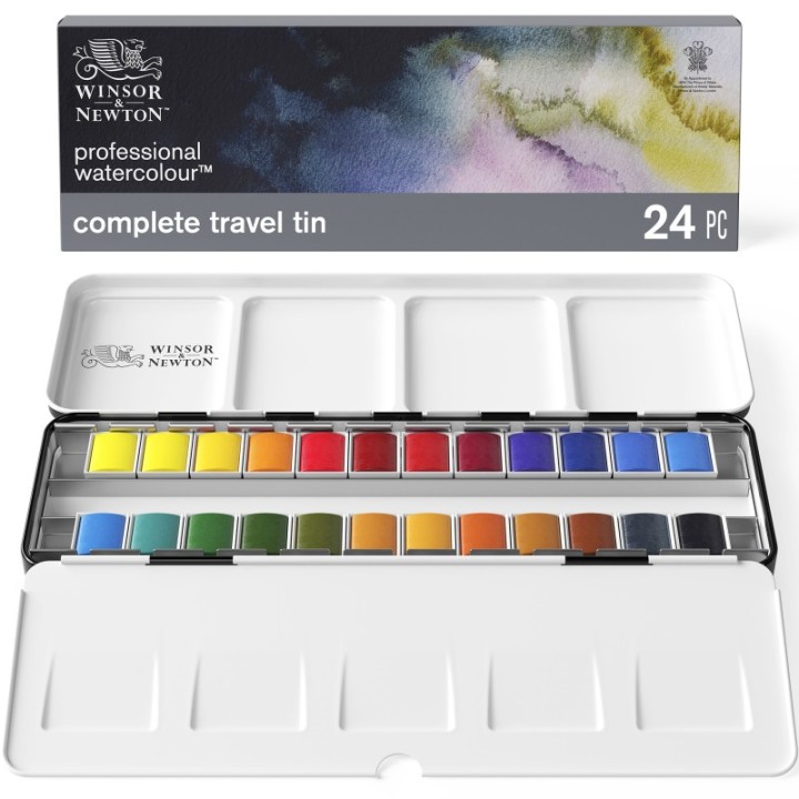 Winsor & Newton Professional Watercolors, Complete Travel Tin Set, 24 Half Pans