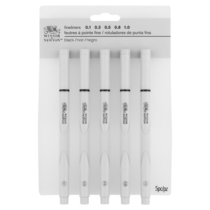 Winsor & Newton Fineliner Pens, Black, Assorted Sizes, Set Of 5