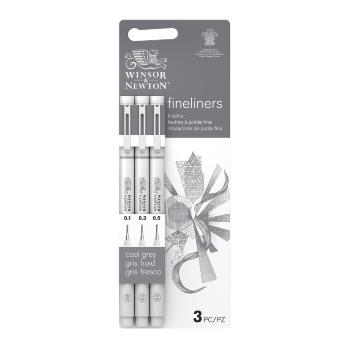 Winsor & Newton Fineliner Pens, Cool Grey, Assorted Sizes, Set Of 3