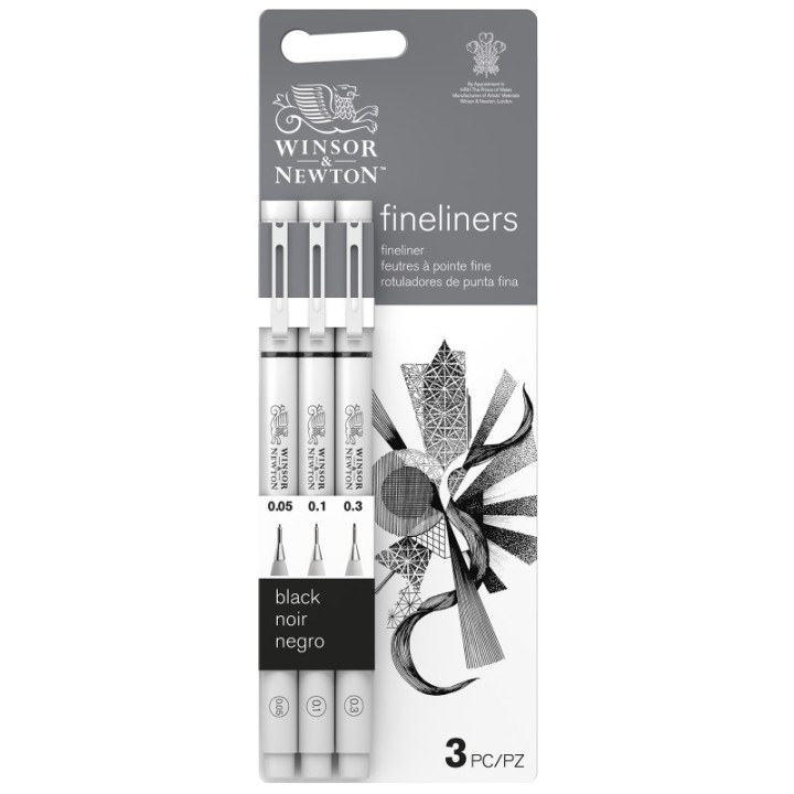 Winsor & Newton Fineliner Pens, Black, Assorted Sizes (0.05, 0.1, 0.3 mm), Set of 3
