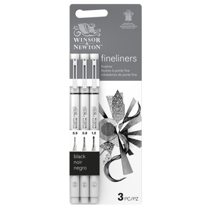 Winsor & Newton Fineliner Pens, Black, Assorted Sizes (0.5, 0.8, 1.0 mm), Set of 3