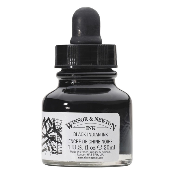 Winsor & Newton Drawing Ink, 30 mL Bottle, Black Indian Ink, Dropper Cap