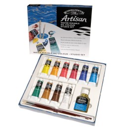 Winsor & Newton Artisan Water Mixable Oil Color Paint Studio Set, 37 mL Tubes, 10 Colors, Paint Brushes, Linseed Oil