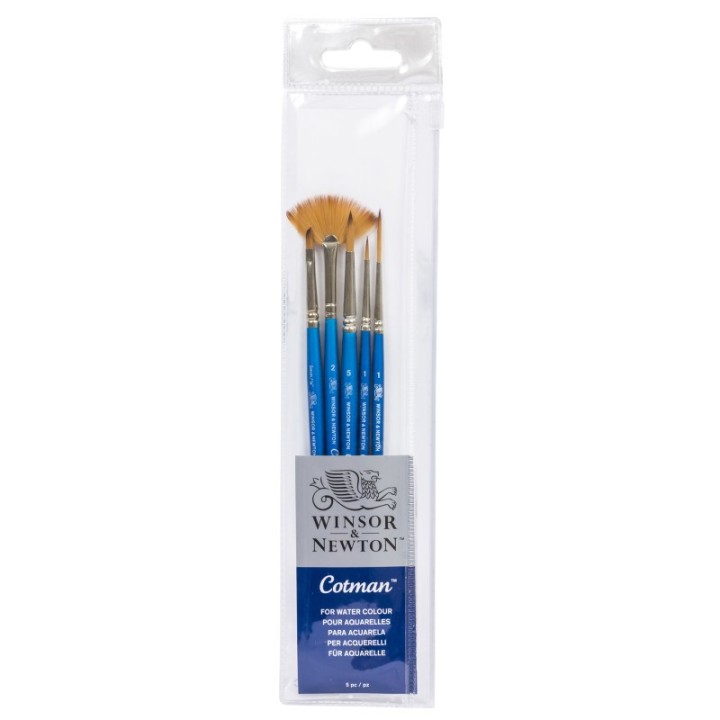 Winsor & Newton Cotman Watercolor Brushes, Set of 5 (Round 1 & 5, Rigger 3, Angled 1/8", Fan 2)