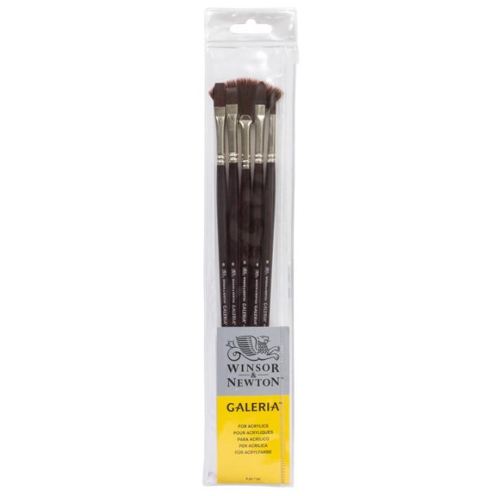 Winsor & Newton Galeria Acrylic Brushes, Long Handle, Set of 5 (Round 8, Flat 8, Filbert 8, Bright 8, Fan 5)