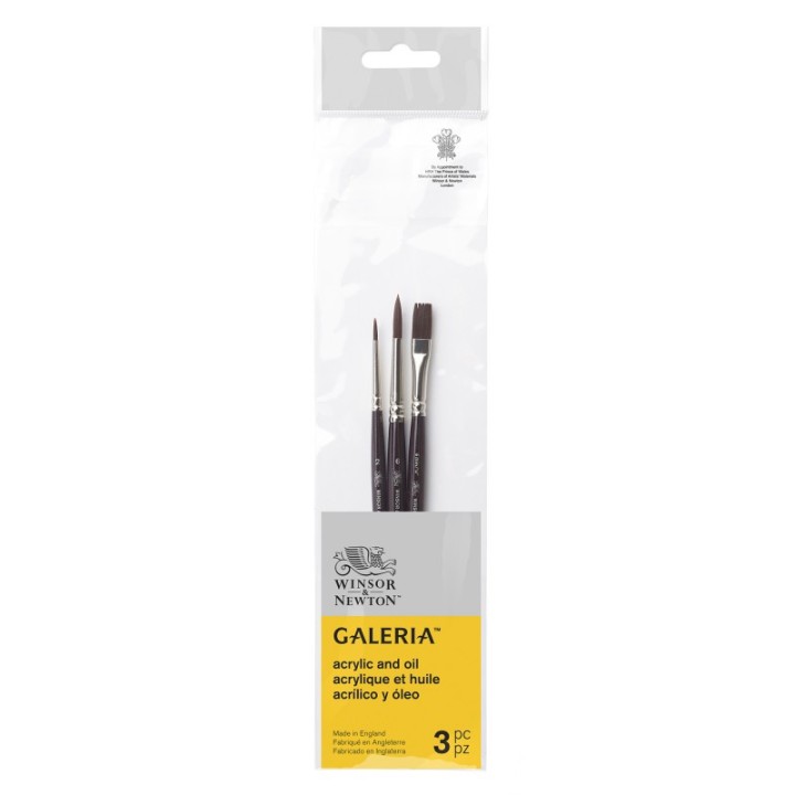 Winsor & Newton Galeria Acrylic Brushes, Short Handle, Set of 3 (Round 2, Round 6, One Stroke 6 mm)