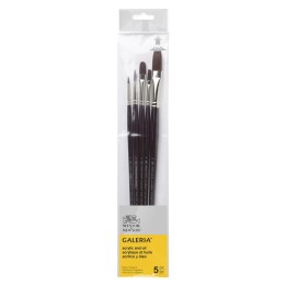 Winsor & Newton Galeria Acrylic Brushes, Long Handle, Set of 5 (Round 2, Round 6, Flat 4, Flat 14, Filbert 8)