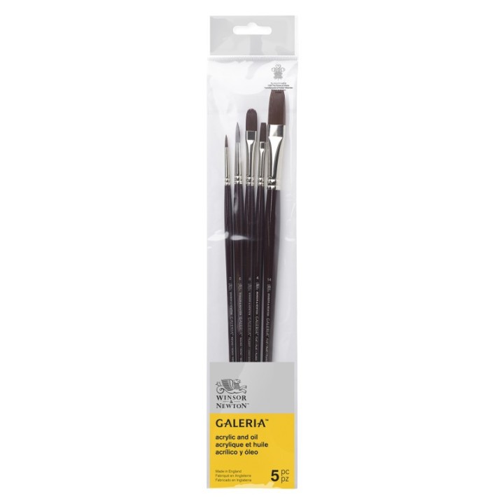 Winsor & Newton Galeria Acrylic Brushes, Long Handle, Set of 5 (Round 2, Round 6, Flat 4, Flat 14, Filbert 8)