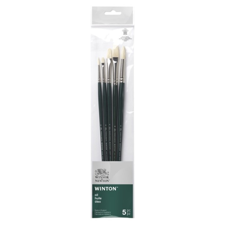 Winsor & Newton Winton Oil Brushes, Long Handle, Set of 5 (Round 2, Round 6, Short Flat 2 bright, Flat 6, Filbert 4)