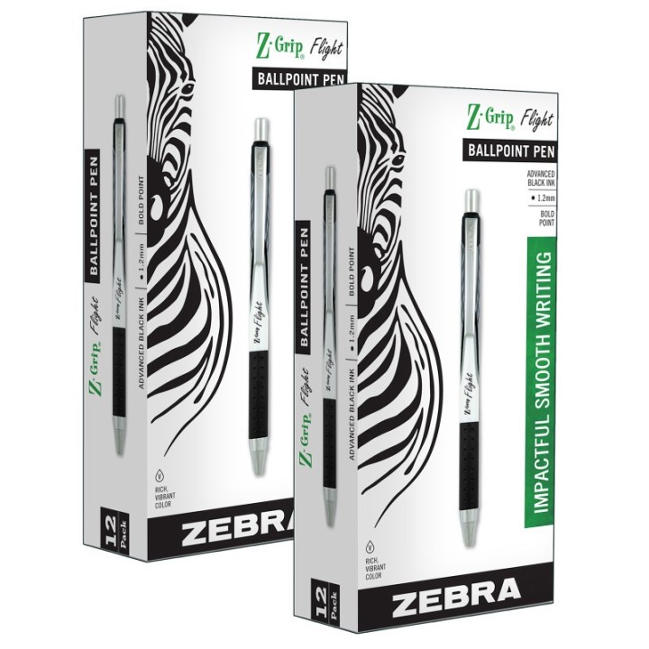 Zebra Pen Z-Grip® Flight Ballpoint Retractable Pen 1.2mm, Black, 12 Per Pack, 2 Packs
