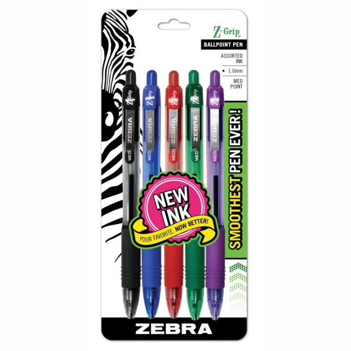 Zebra Pen Z-Grip Ballpoint Retractable Pen, 1.0mm, Assorted, 5-Pack