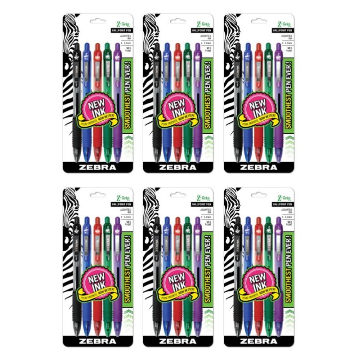Zebra Pen Z-Grip® Ballpoint Retractable Pen, 1.0mm, Assorted, 5 Per Pack, 6 Packs