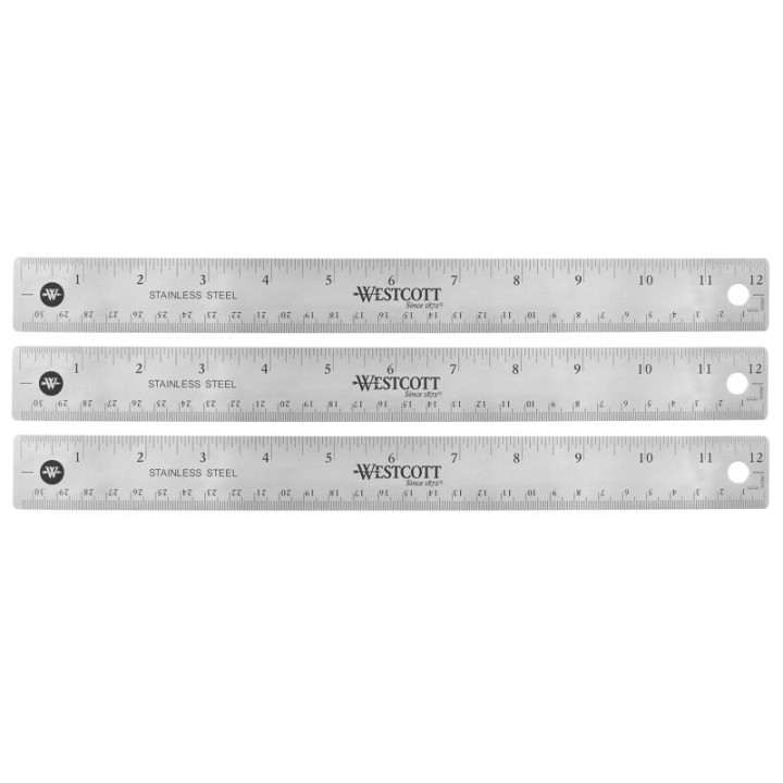 Westcott® 12" Stainless Steel Office Ruler With Non Slip Cork Base, Pack of 3