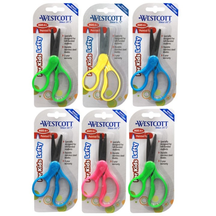 Westcott® 5" Lefty Hard Handle Kids Scissors, Pointed, Assorted Colors, Pack of 6