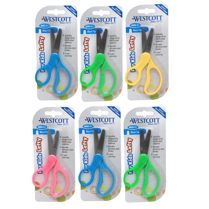 Westcott® 5" Lefty Hard Handle Kids Scissors, Blunt, Assorted Colors, Pack of 6