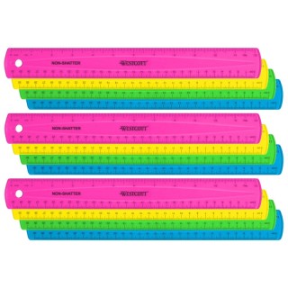 Westcott® 12" Shatterproof Ruler with Anti-Microbial, Assorted Translucent Colors, Pack of 12
