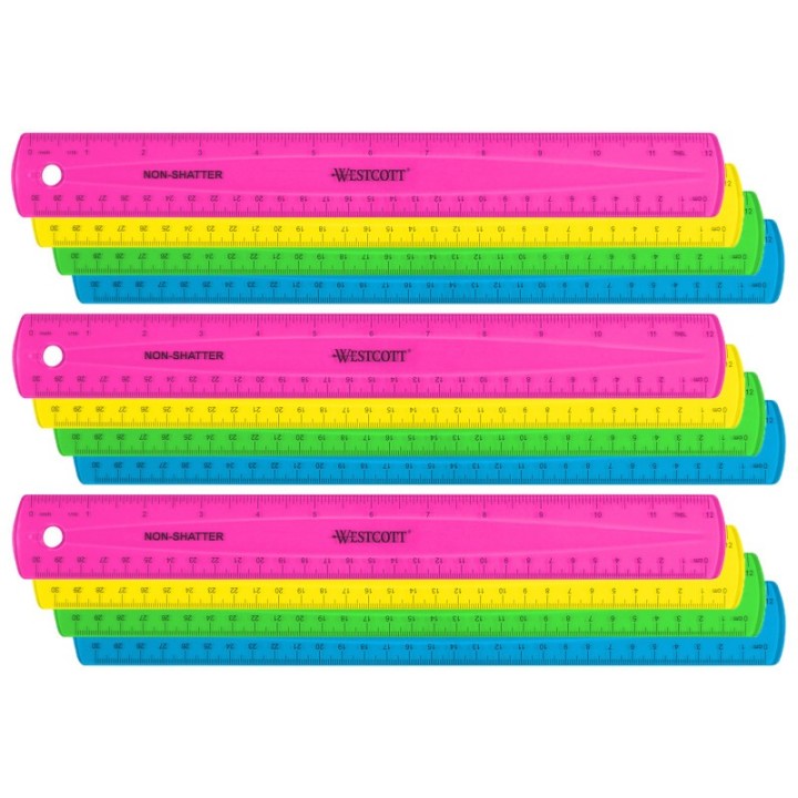 Westcott® 12" Shatterproof Ruler with Anti-Microbial, Assorted Translucent Colors, Pack of 12