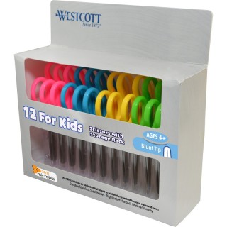 Westcott® Kids Blunt 5" Scissors with Storage Rack, Anti-Microbial Protection, Assorted Colors, Set of 12