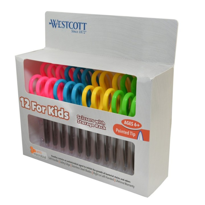 Westcott® Kids Pointed 5" Scissors with Storage Rack, Anti-Microbial Protection, Assorted Colors, Set of 12