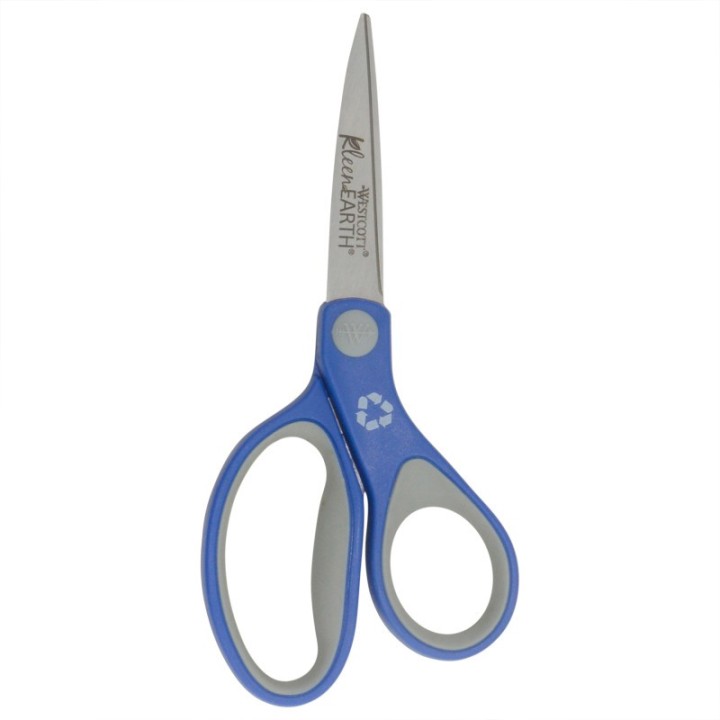 Westcott® Kleenearth Soft Handle Scissors, 7 in Long, 2.25 in Cut Length, Straight Blue/Gray Handle