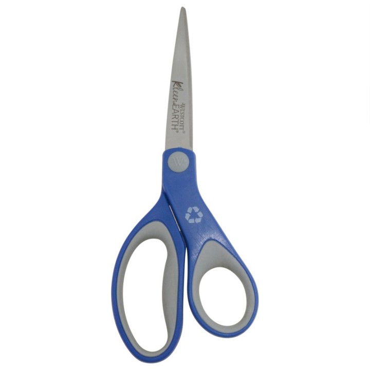 Westcott® Kleenearth Soft Handle Scissors, 8 in Long, 3.25 in Cut Length, Straight Blue/Gray Handle