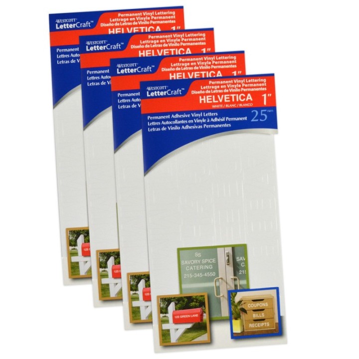 Westcott® LetterCraft Permanent Vinyl Lettering, Helvetica, 1-Inch, White, 177 Per Pack, 4 Packs
