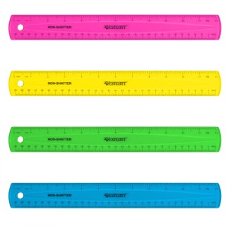 Westcott® Non-Shatter Flexible Ruler, Standard/Metric, 12 in (30 Cm) Long, Plastic, Asst Colors, 12 Per Pack