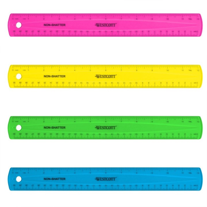 Westcott® Non-Shatter Flexible Ruler, Standard/Metric, 12 in (30 Cm) Long, Plastic, Asst Colors, 12 Per Pack