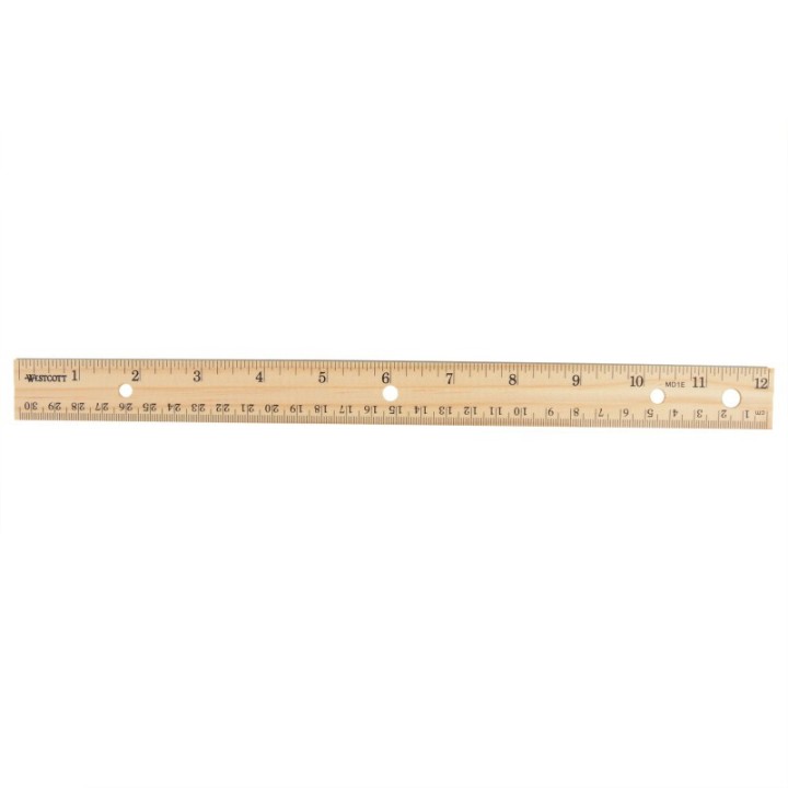 Westcott® Three-Hole Punched Wood Ruler, Standard/Metric, 12 in (30 Cm) Long, Natural Wood, 36 Per Pack
