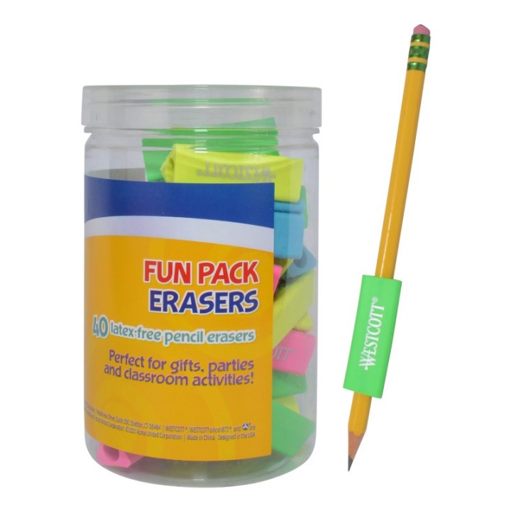 Westcott® Erasers Fun Pack, Assorted Colors, 40 Count
