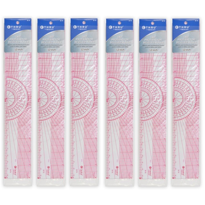 Westcott® Beveled Protractor Ruler, 12", Transparent, Pack of 6