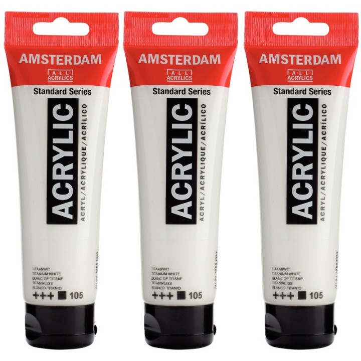 Amsterdam Standard Acrylic Paint, 120ml, Titanium White 105, Pack of 3