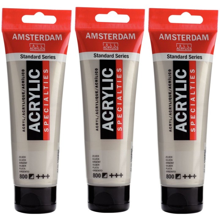 Amsterdam Standard Acrylic Paint, 120ml, Silver 800, Pack of 3
