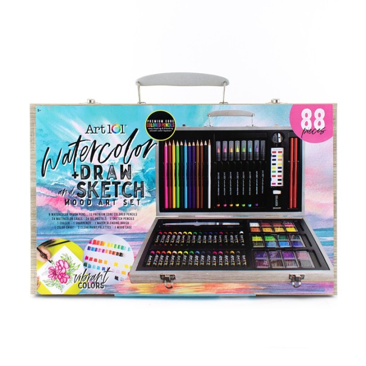 Art 101 Watercolor, Draw & Sketch Wood Art Set, 88 Pieces