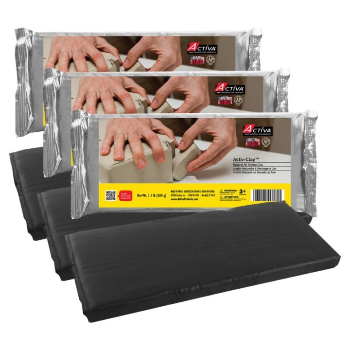 ACTÍVA Activ-Clay™ Air Drying Clay, Black, 1.1 lb (500 g), Pack of 3