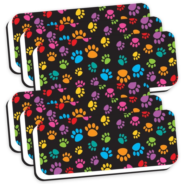 Ashley Productions® Magnetic Whiteboard Eraser, Colorful Assorted Paw Pattern, 2" x 5", Pack of 6