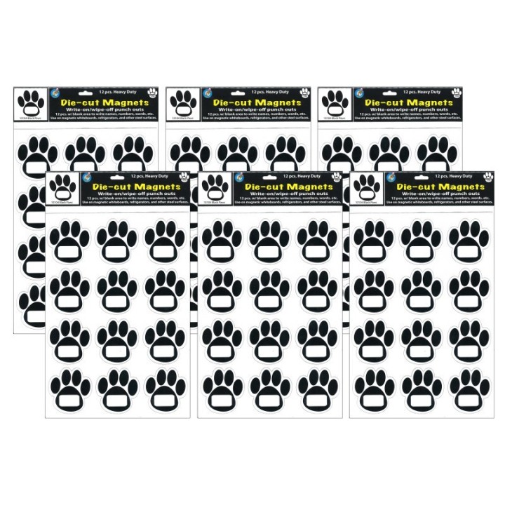 Ashley Productions® Die-Cut Magnetic Black Paw Prints, 12 Per Pack, 6 Packs