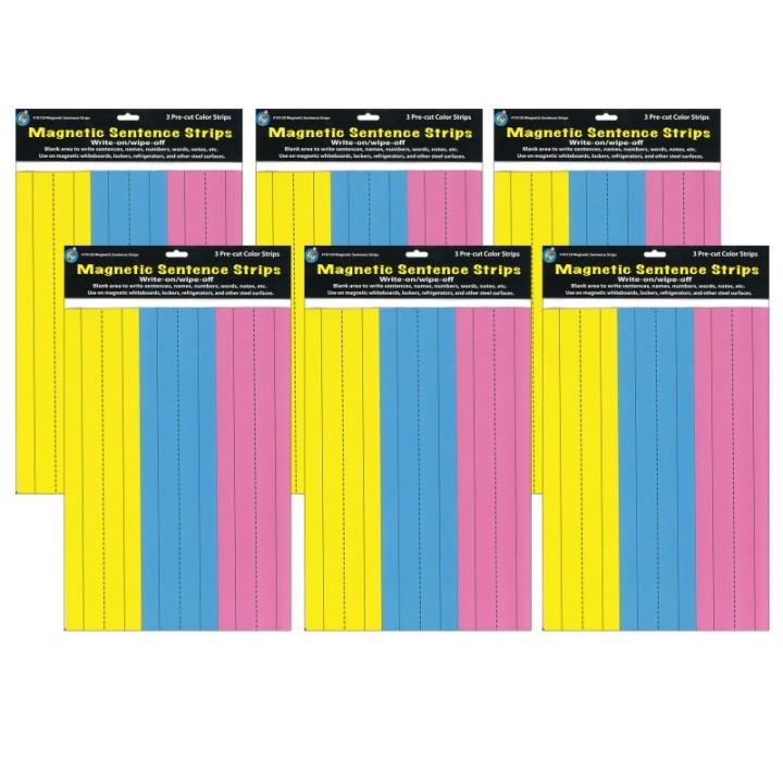 Ashley Productions® Die-Cut Magnetic Pink/Blue/Yellow Sentence Strips, 2.75" x 11", 3 Per Pack, 6 Packs