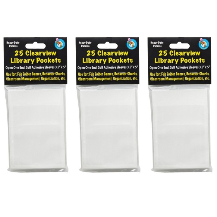 Ashley Productions® Clear View Self-Adhesive Library Pocket 3.5" x 5", 25 Per Pack, 3 Packs