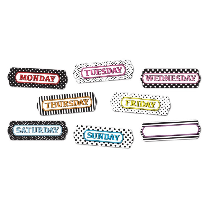 Ashley Productions® Magnetic Die-Cut Timesavers & Labels, Days of the Week, Black and White Assorted Patterns, 8 Pieces