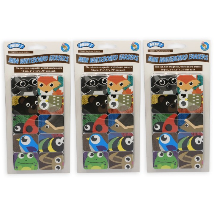 Ashley Productions® Non-Magnetic Mini Whiteboard Erasers, Keyhole Kritters, 10 Per Pack, 3 Packs