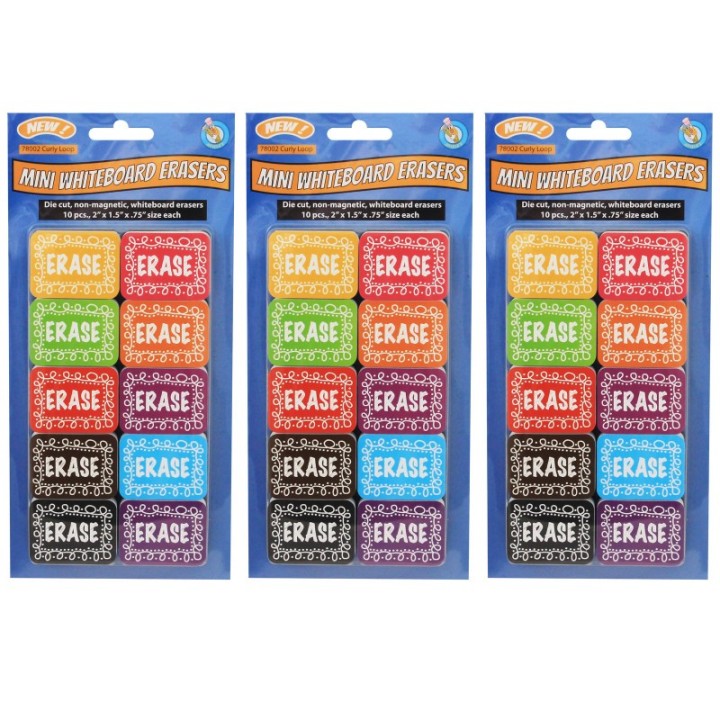 Ashley Productions® Non-Magnetic Mini Whiteboard Erasers, Chalk Loop, 10 Per Pack, 3 Packs