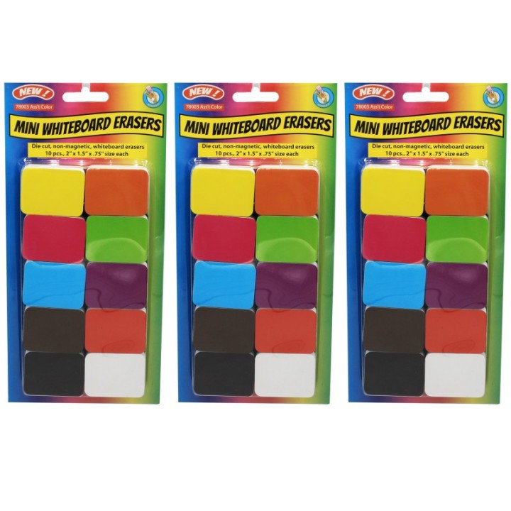 Ashley Productions® Non-Magnetic Mini Whiteboard Erasers, Assorted, 10 Per Pack, 3 Packs
