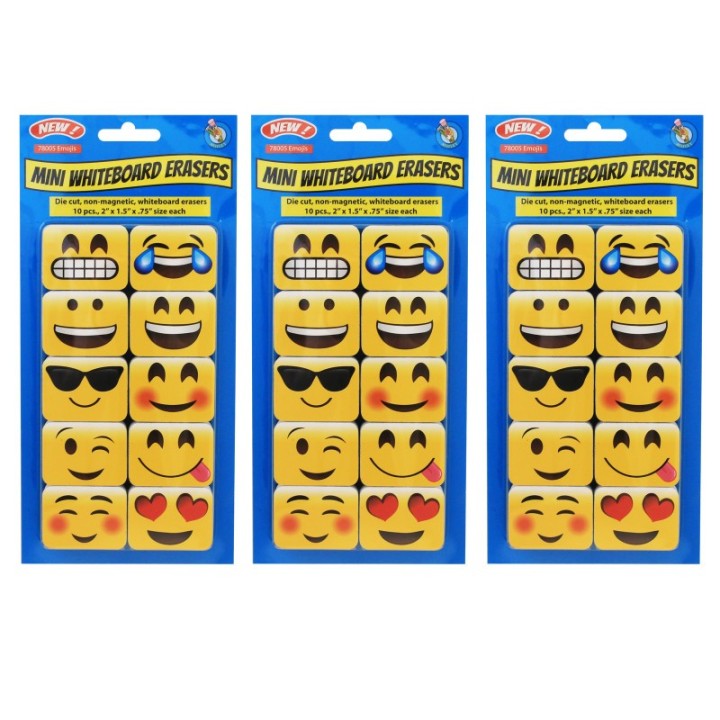 Ashley Productions® Non-Magnetic Mini Whiteboard Erasers, Emotions Icons, 10 Per Pack, 3 Packs