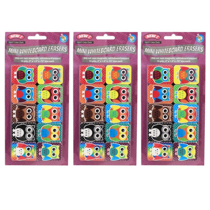 Ashley Productions® Non-Magnetic Mini Whiteboard Erasers, Color Owls, 10 Per Pack, 3 Packs