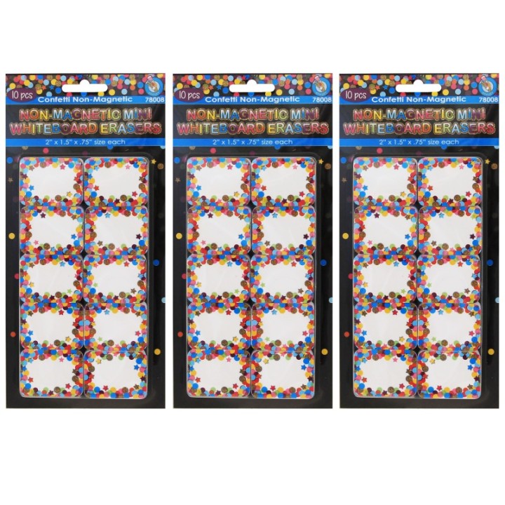 Ashley Productions® Non-Magnetic Mini Whiteboard Erasers, Confetti, 10 Per Pack, 3 Packs
